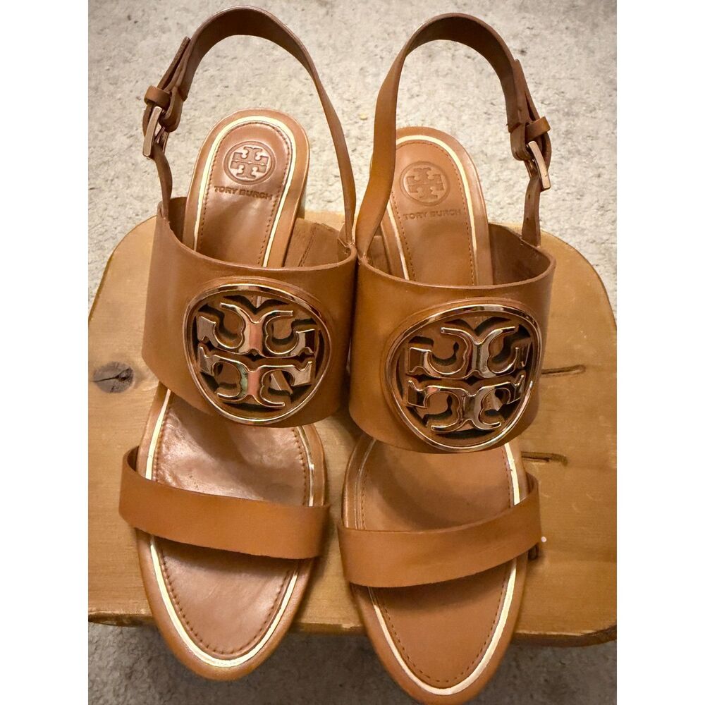 Tory Burch Tan Leather Logo Wedge Slingback Sandals – Size 9M